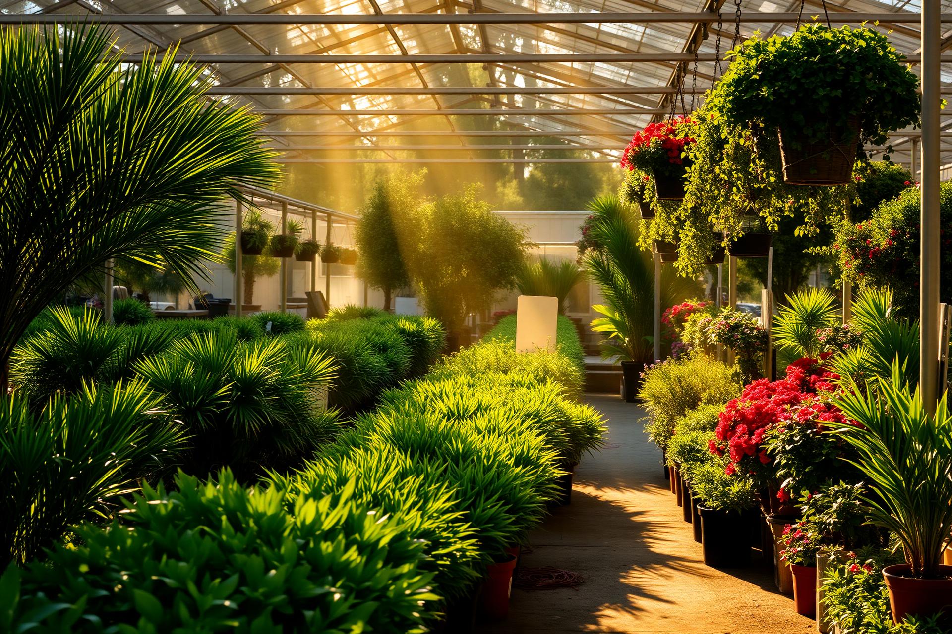 A sunlit Southern garden center filled with lush nursery plants